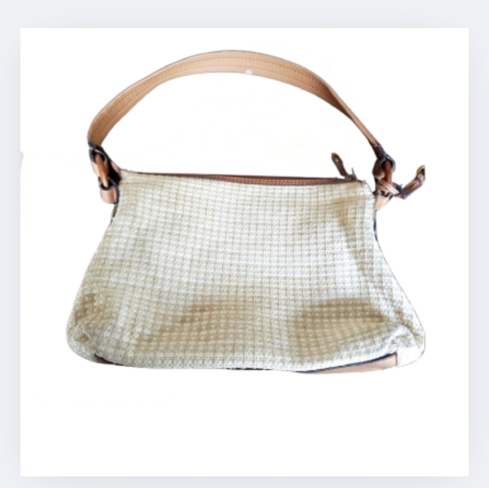 Fossil Shoulder Bag Beige Woven Fabric Brown Leather Strap Trim Key Purse